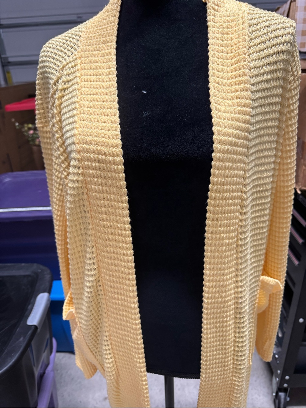 Light Yellow Open-Front Textured Knit Cardigan with Pockets